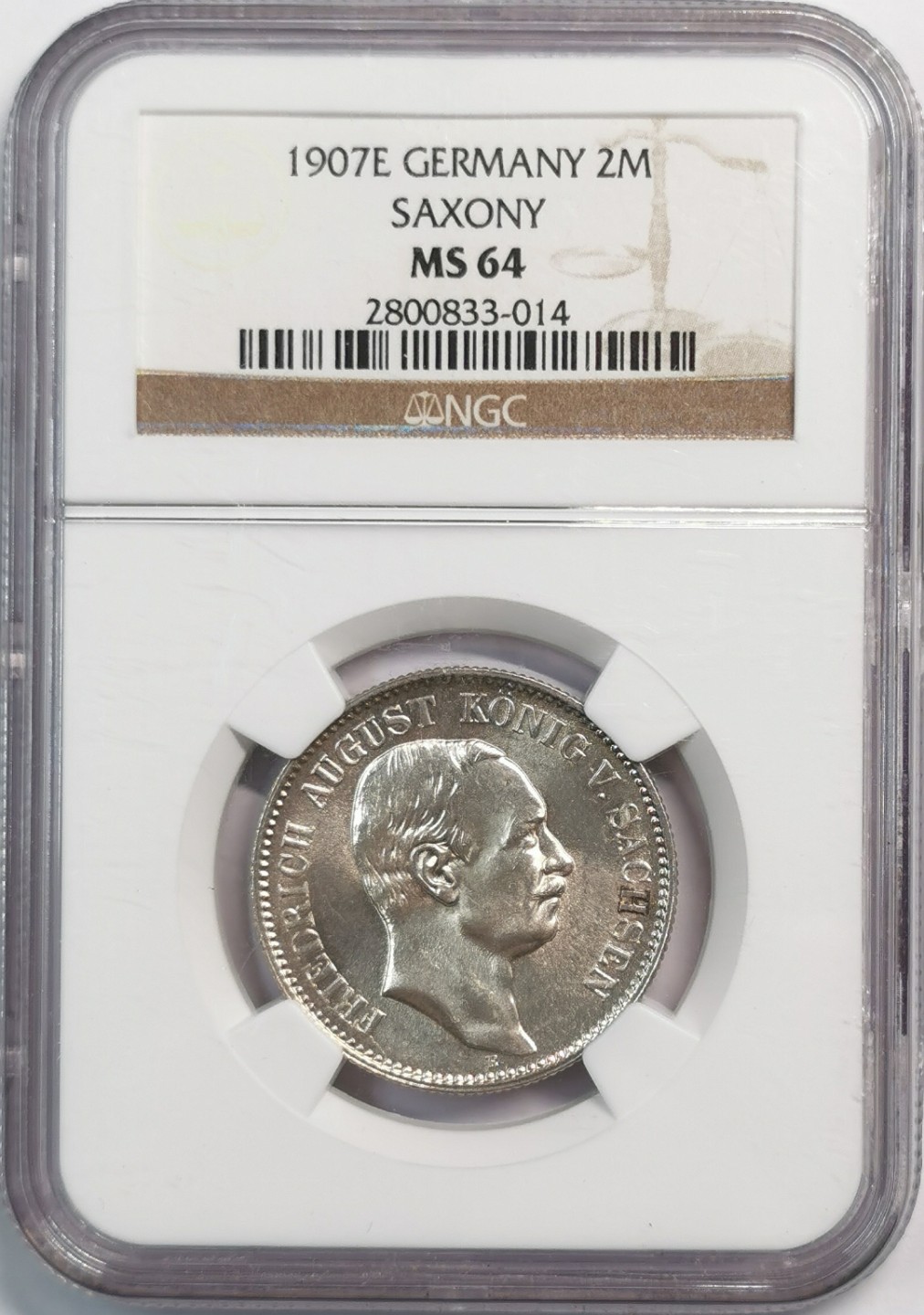 凡希社世界钱币微拍第二百零五期 1907德国萨克森2马克NGC-MS64
