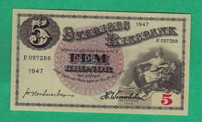 瑞典1947年5克朗 无4 88双尾 欧洲纸币 实物图 UNC   - 瑞典1947年5克朗 无4 88双尾 欧洲纸币 实物图 UNC  