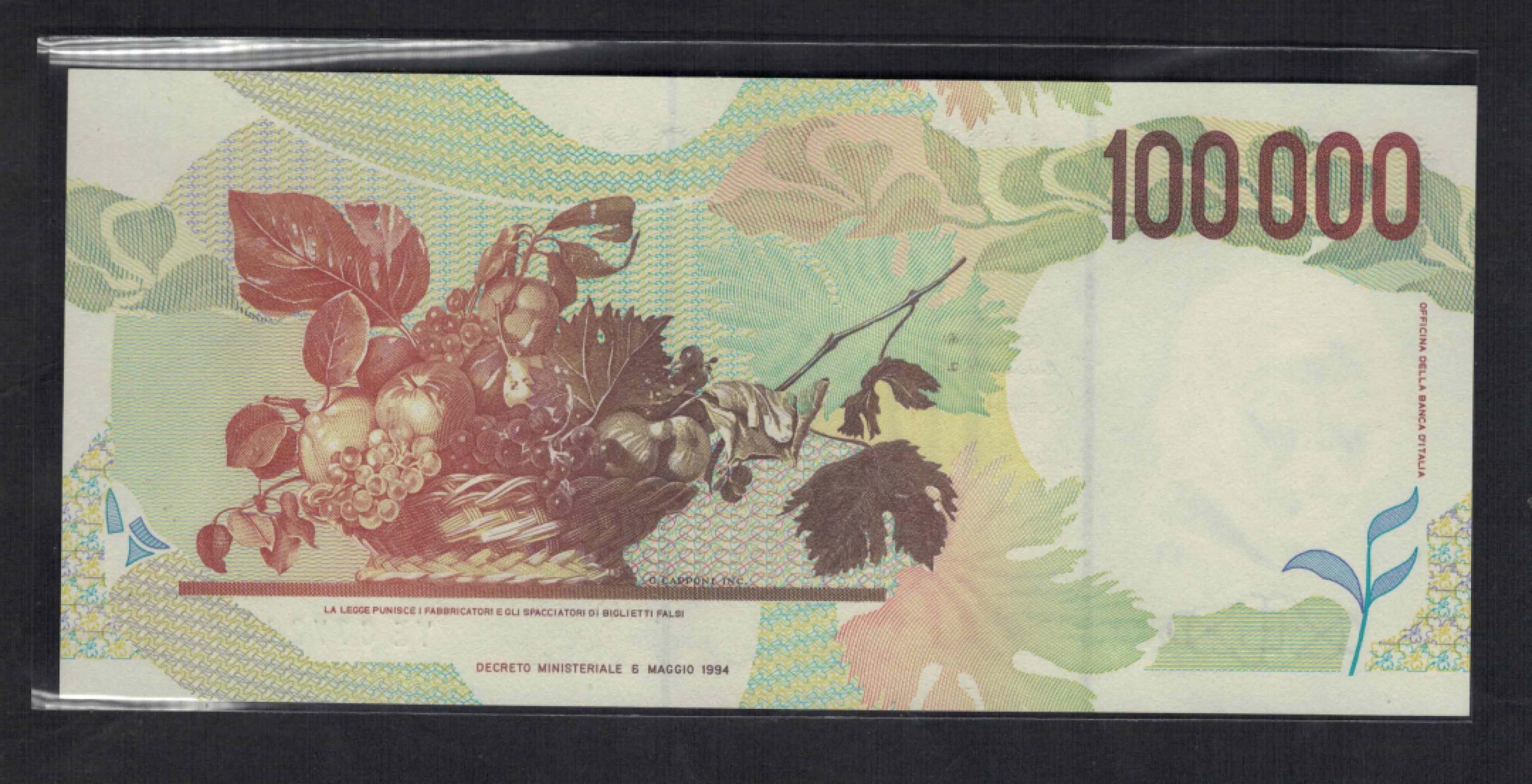 意大利1994年100000里拉 10万里拉 签名如图 P-117b 欧洲纸币 UNC  