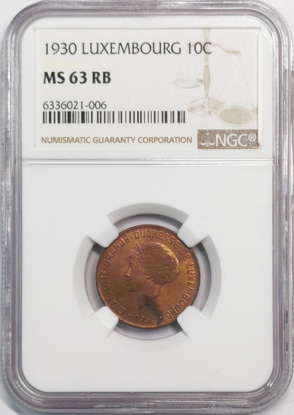 凡希社世界钱币微拍第二百零五期 1930卢森堡10分铜币NGC-MS63