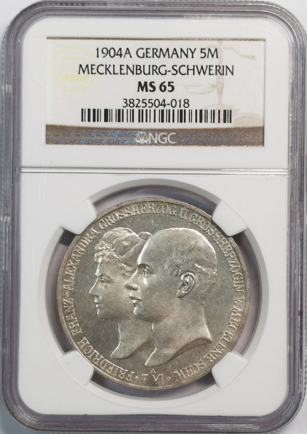 凡希社世界钱币微拍第二百零五期 1904德国梅克伦堡5马克大银NGC-MS65高分收藏级！