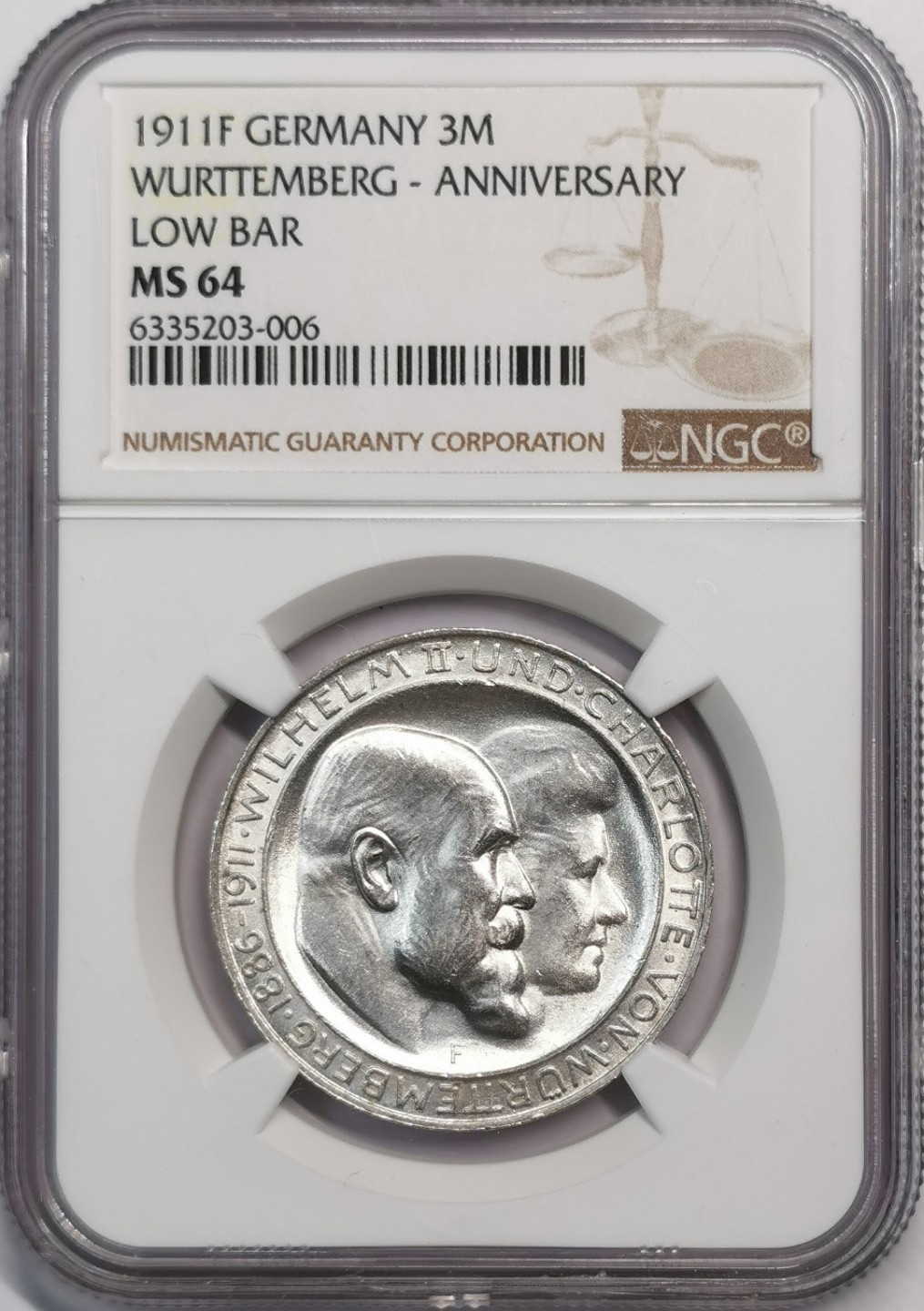 凡希社世界钱币微拍第二百零五期 1911符腾堡3马克NGC-MS64