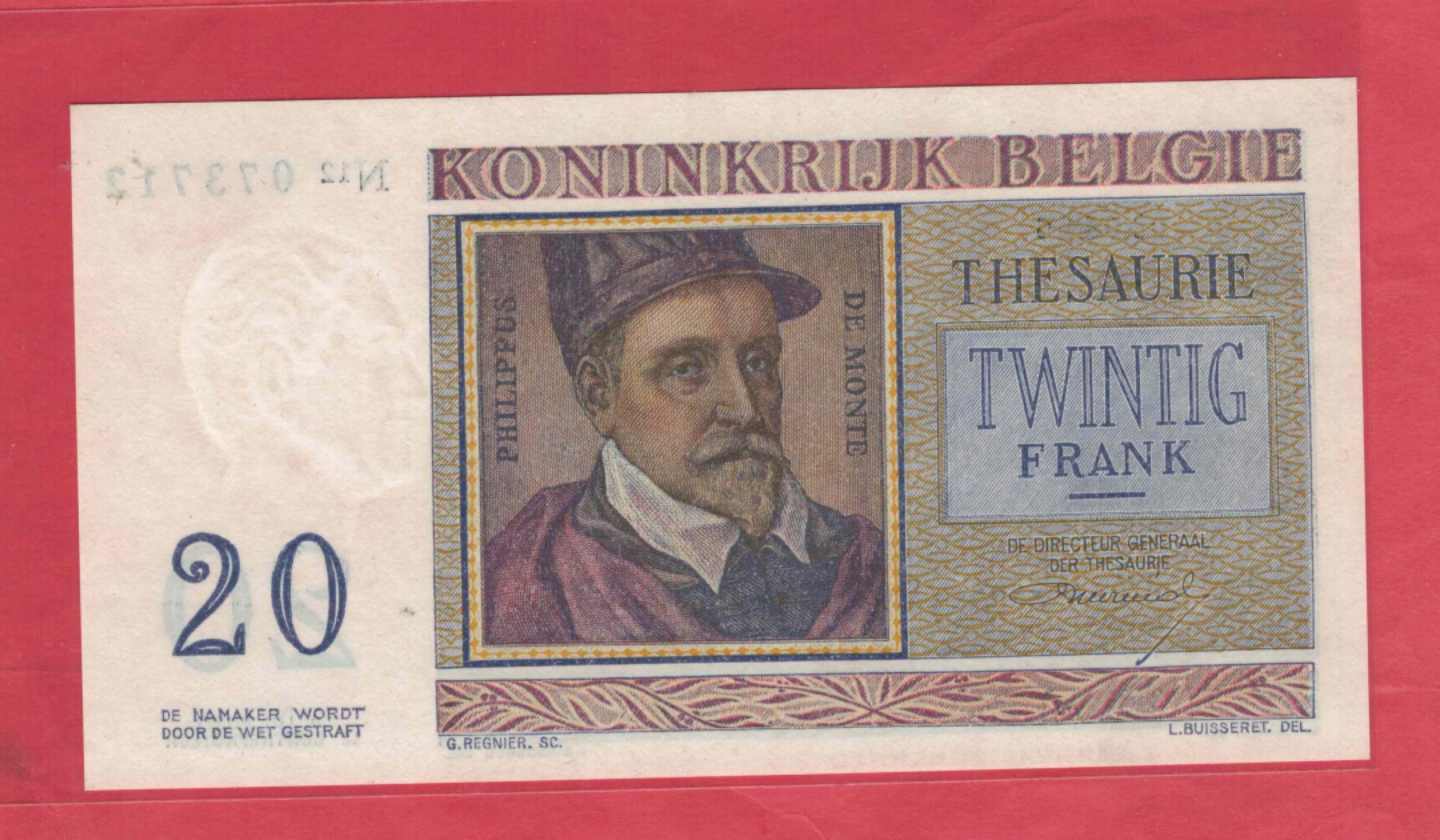 比利时1956年20法郎 克劳斯目录P-132b 实物图 UNC   