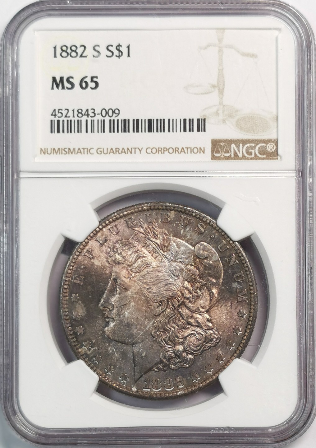凡希社世界钱币微拍第二百零五期 1882S美国摩根壹元NGC-MS65紫金彩！