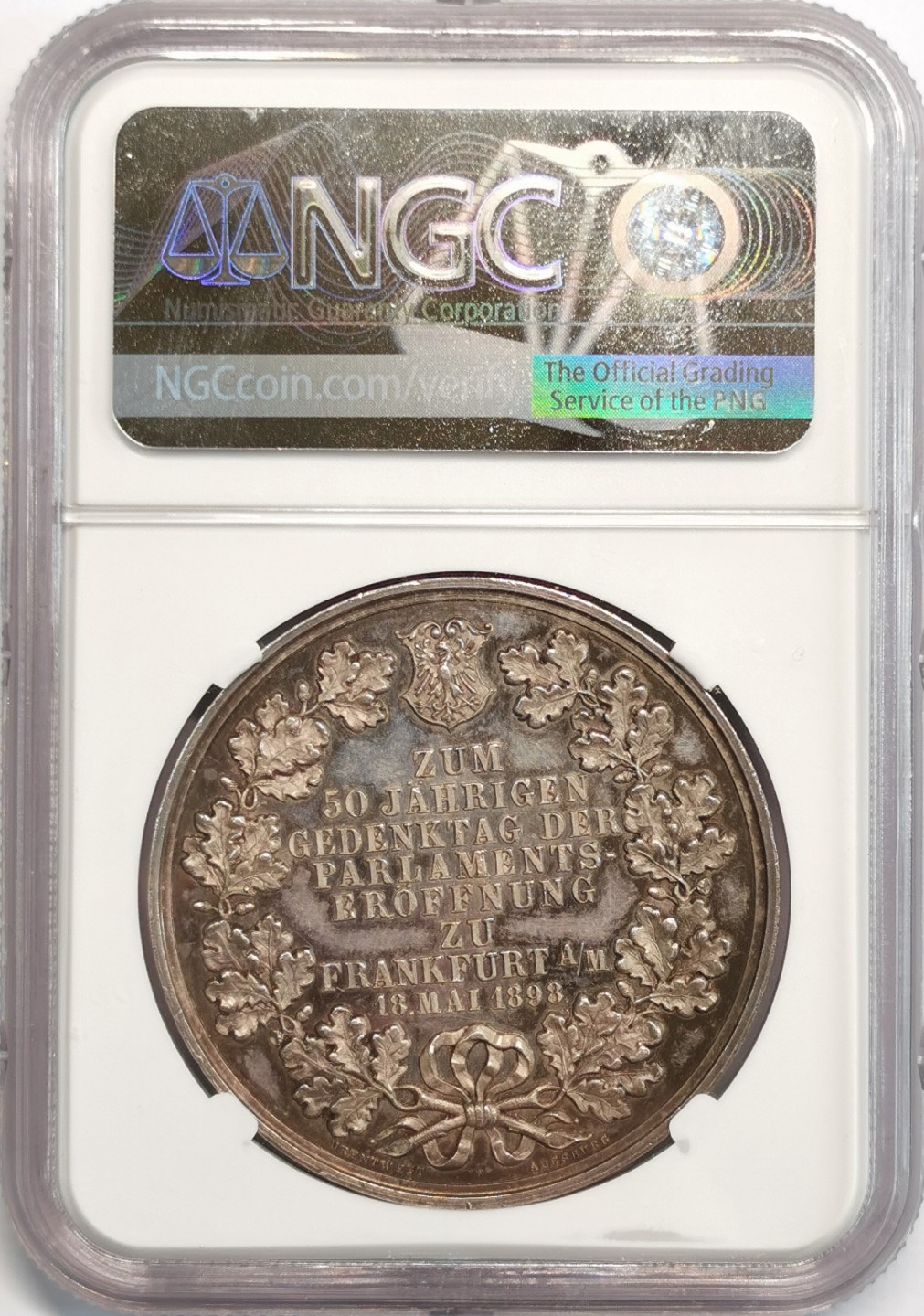 凡希社世界钱币微拍第二百零五期 1898德国法兰克福议会50周年纪念银章NGC-MS62