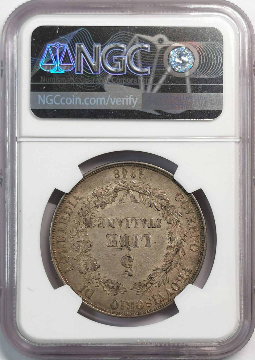 凡希社世界钱币微拍第二百零五期 1848伦巴第革命政府5里拉大银NGC-AU55烟熏彩！