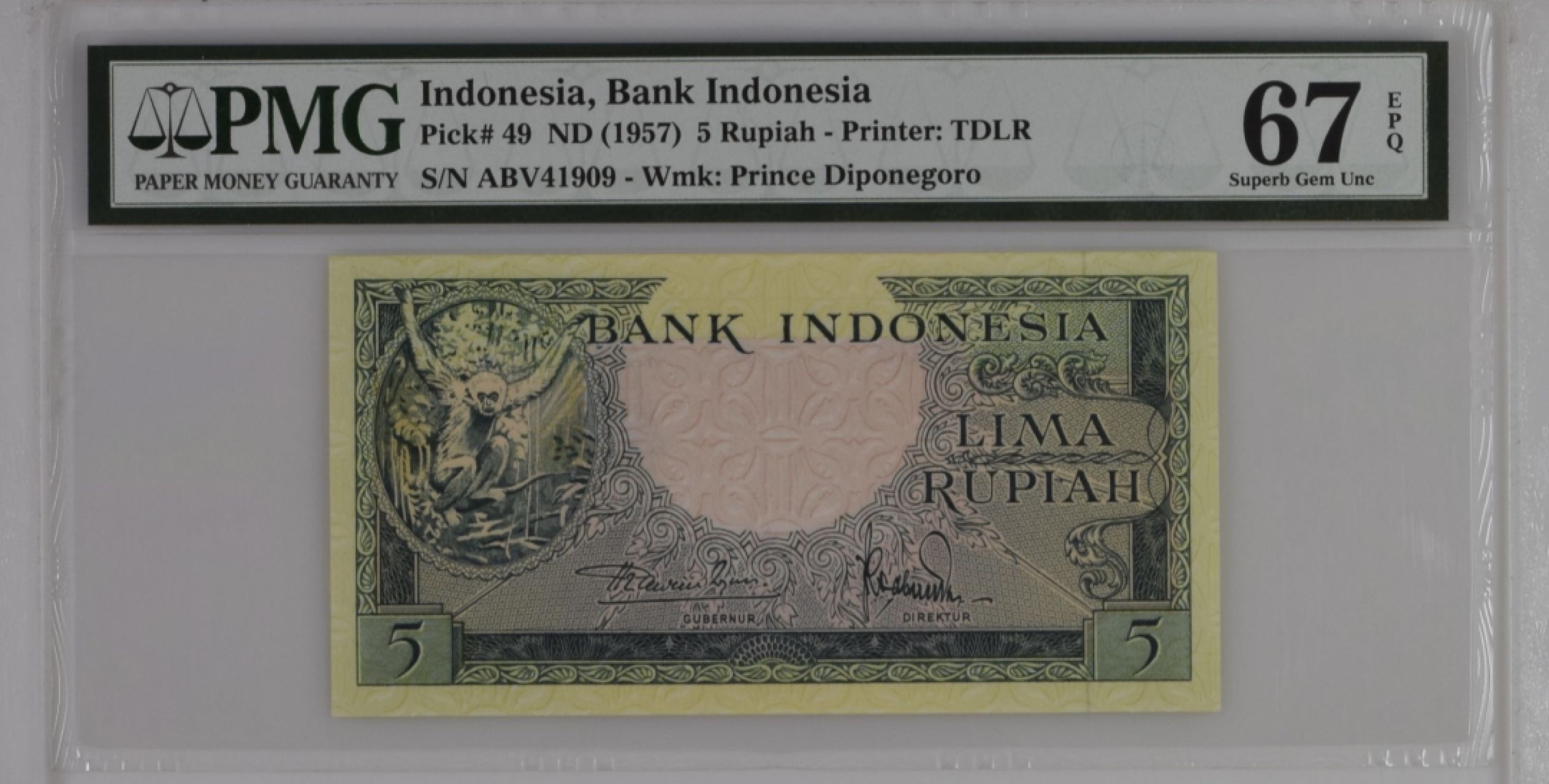 收藏联盟Quantum Auction 第176期拍卖 印度尼西亚1957年5卢比 PMG67 金丝猴和世界文化遗产