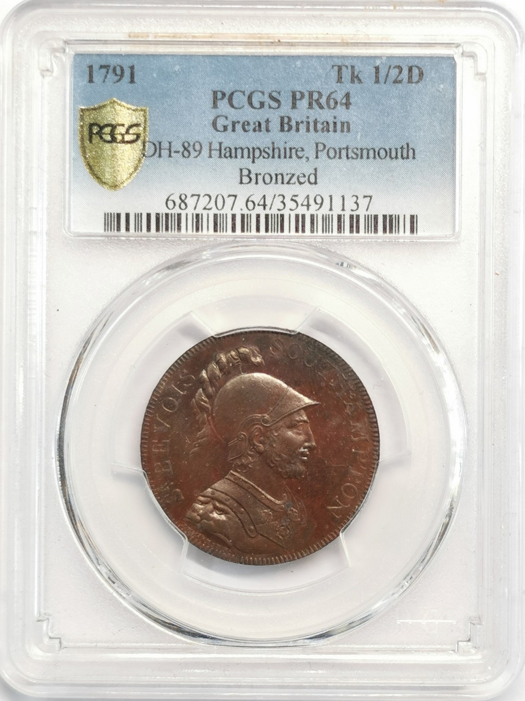 凡希社世界钱币微拍第二百零五期 荐！1791英国汉普郡朴茨茅斯1/2便士TKNPCGS-PF64精铸稀有！