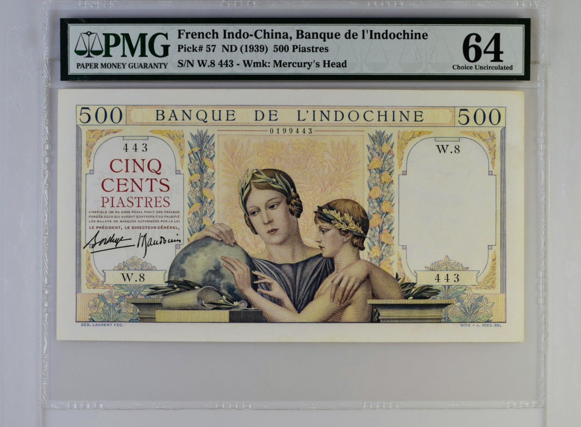 收藏联盟Quantum Auction 第176期拍卖 法属印度支那1939年500皮阿斯特 PMG64 母子地球仪  十分稀少