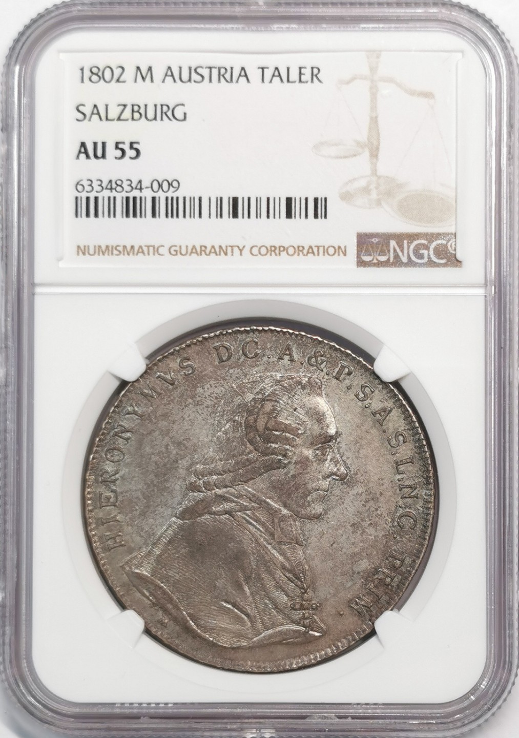 凡希社世界钱币微拍第二百零五期 1802萨尔茨堡亲王主教区希罗尼穆斯泰勒大银NGC-AU55状态一流！