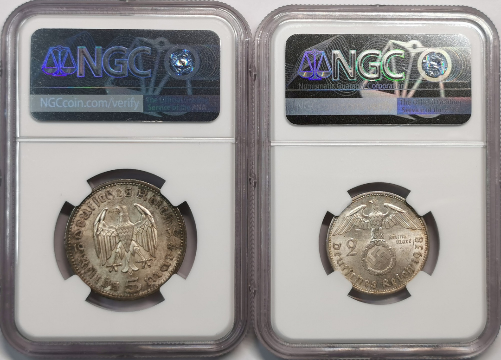 凡希社世界钱币微拍第二百零五期 1936/38德国兴登堡2/5马克一对NGC-MS63