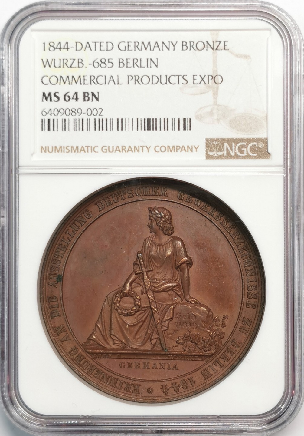 凡希社世界钱币微拍第二百零五期 1844日耳曼尼亚商品博览会铜章NGC-MS64铜色优美！