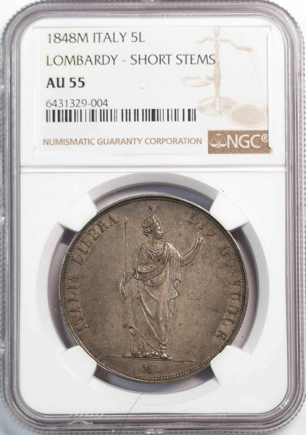 凡希社世界钱币微拍第二百零五期 1848伦巴第革命政府5里拉大银NGC-AU55烟熏彩！