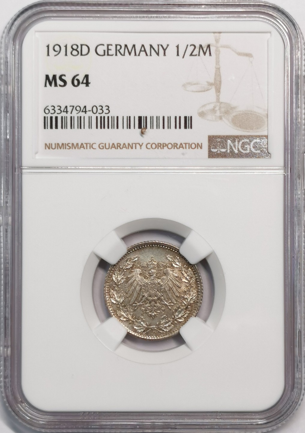 凡希社世界钱币微拍第二百零五期 1918德国1/2马克银币NGC-MS64