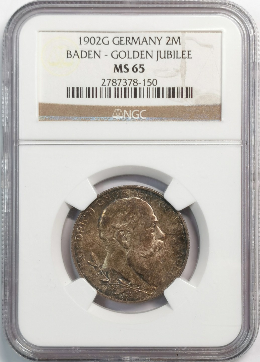 凡希社世界钱币微拍第二百零五期 1902德国巴登执政50周年2马克NGC-MS65