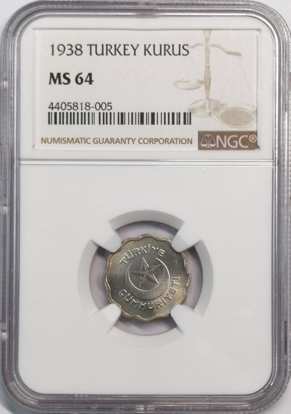 凡希社世界钱币微拍第二百零五期 1938土耳其KURU NGC-MS64