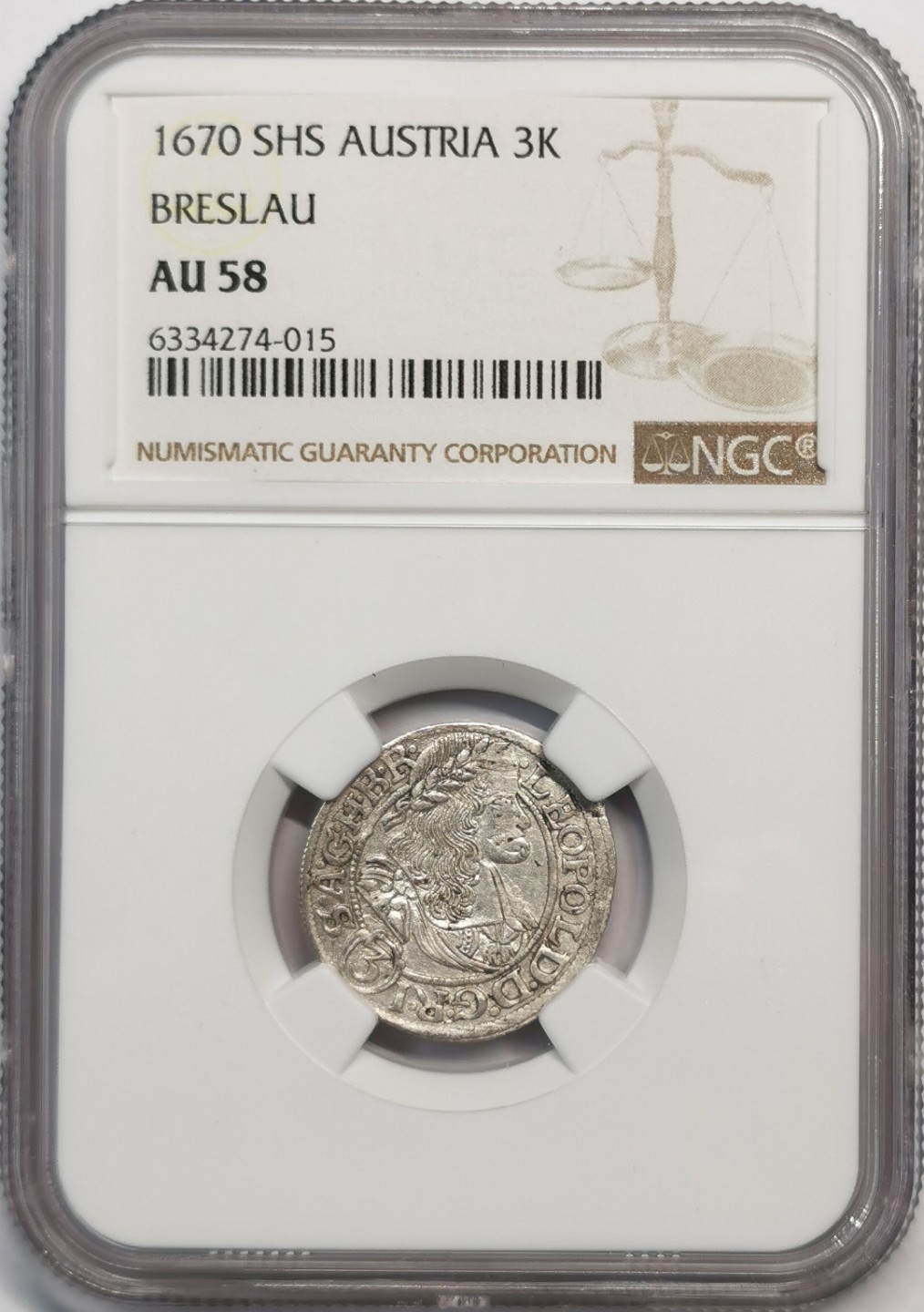 凡希社世界钱币微拍第二百零五期 1670神罗BRESLAU厂3K银辅币NGC-AU58