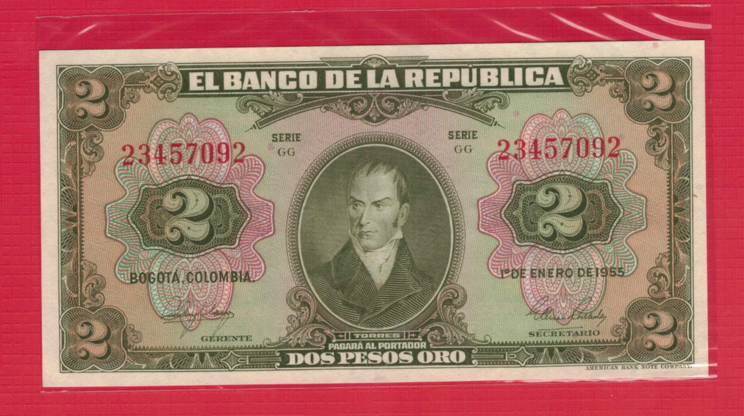 哥伦比亚1955年2比索 GG序列 实物如图 UNC  