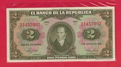 哥伦比亚1955年2比索 GG序列 实物如图 UNC   - 哥伦比亚1955年2比索 GG序列 实物如图 UNC  