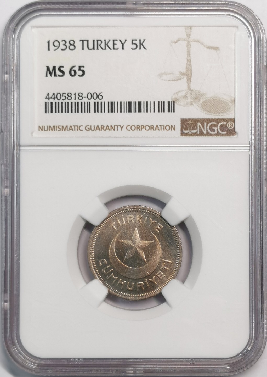 凡希社世界钱币微拍第二百零五期 1938土耳其5Kuru NGC-MS65