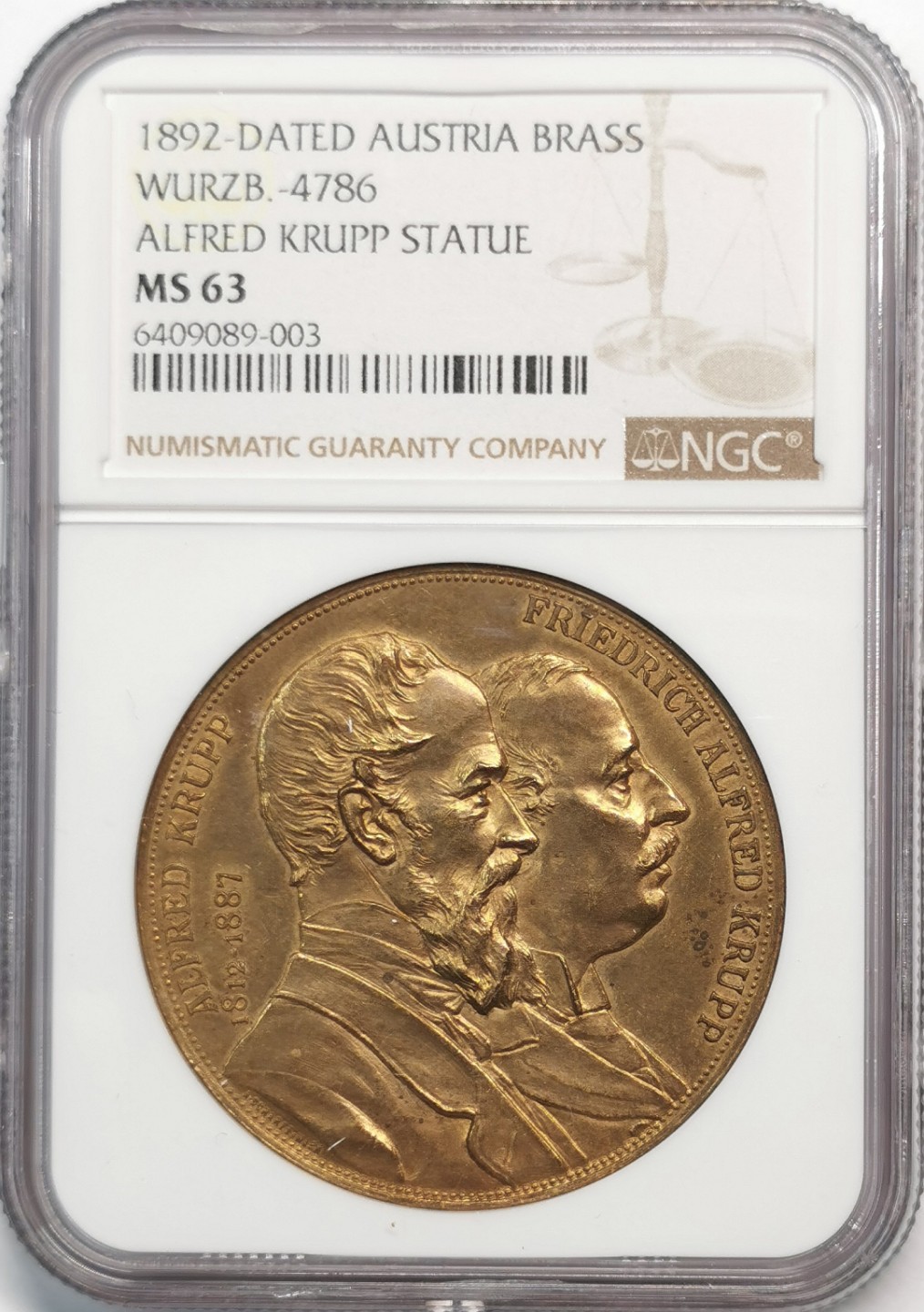 凡希社世界钱币微拍第二百零五期 1892德国克虏伯雕像落成纪念铜章NGC-MS63