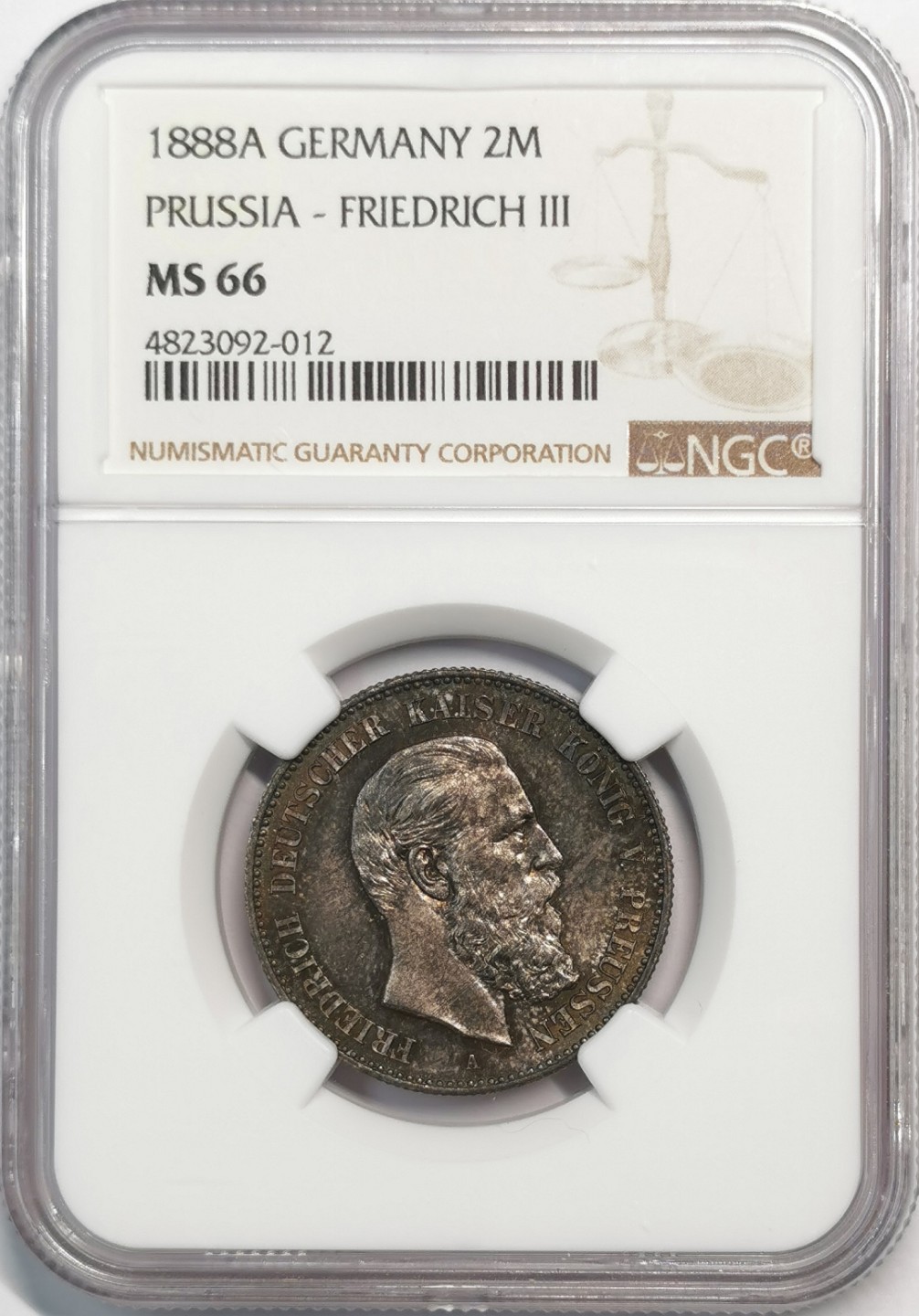 凡希社世界钱币微拍第二百零五期 1888德国普鲁士短翅2马克NGC-MS66重五彩养眼！