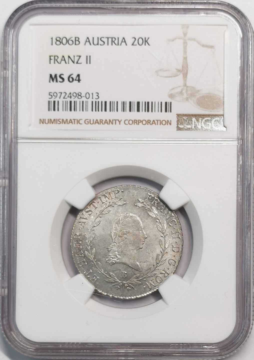 凡希社世界钱币微拍第二百零五期 1806神罗佛朗茨二世20K银币NGC-MS64罕见品相！