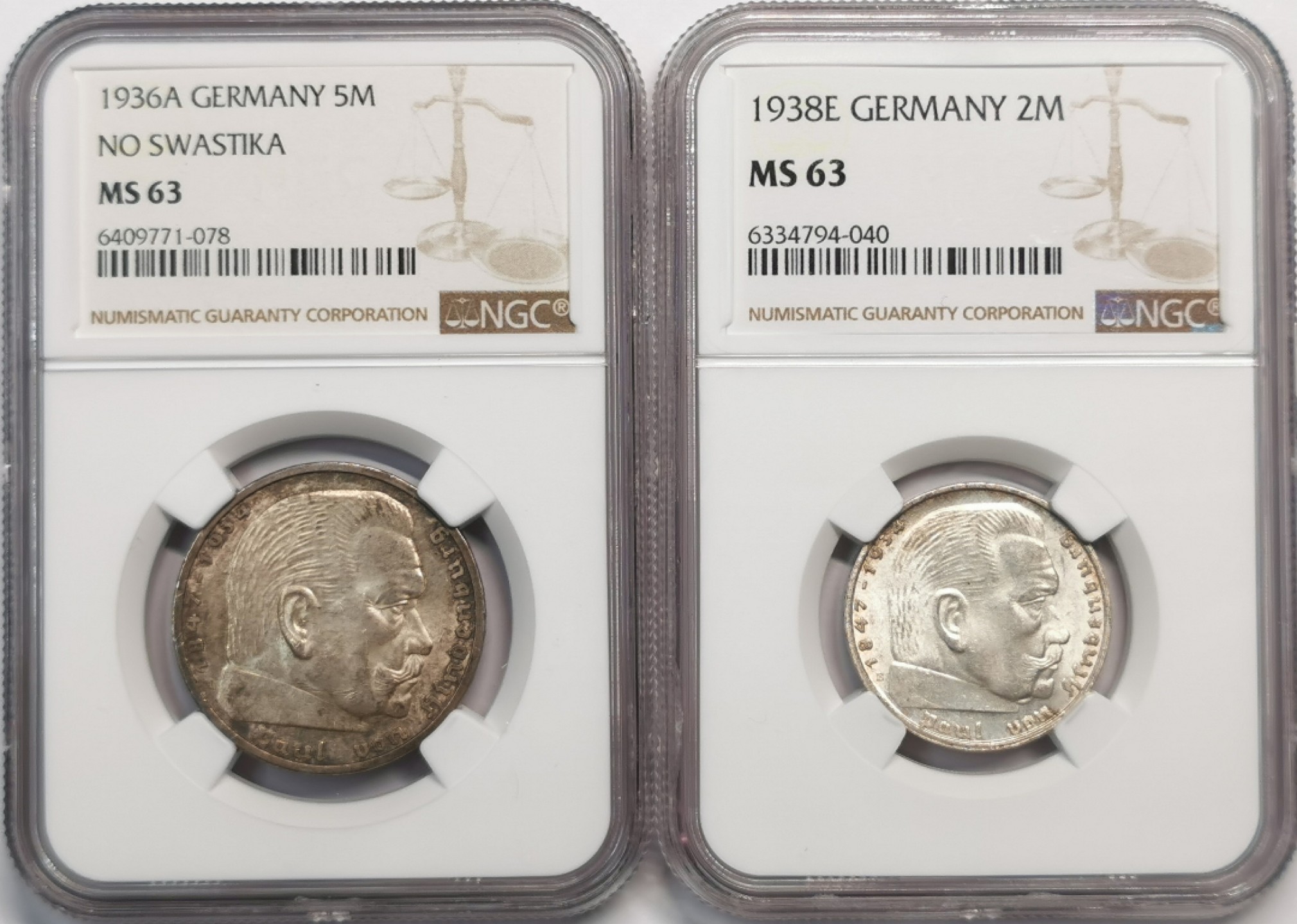 凡希社世界钱币微拍第二百零五期 1936/38德国兴登堡2/5马克一对NGC-MS63