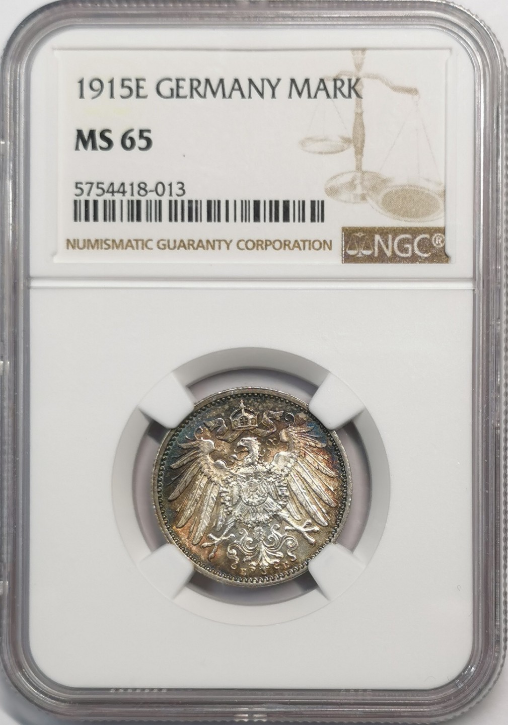 凡希社世界钱币微拍第二百零五期 1915E德国银马克NGC-MS65五彩！