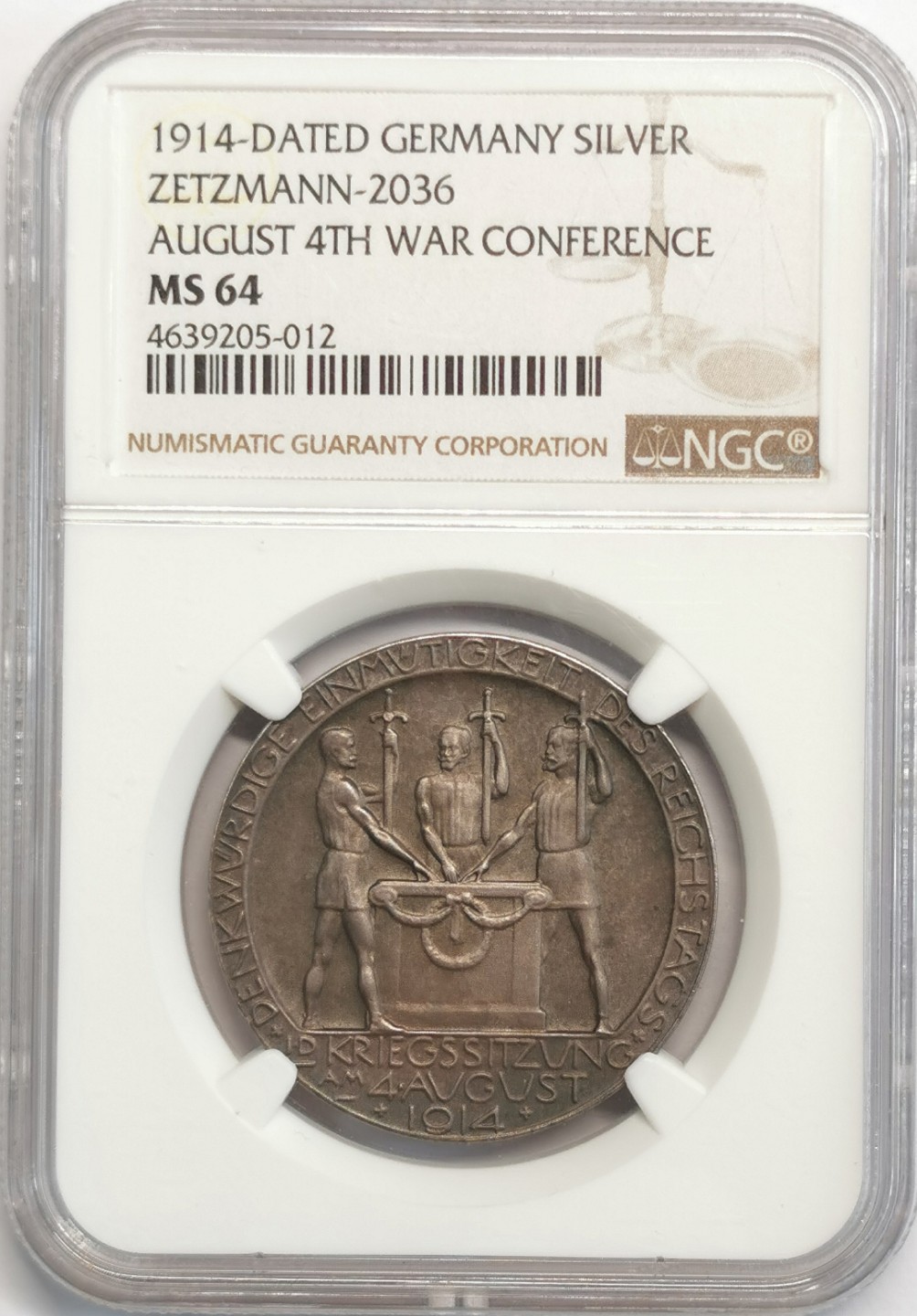 凡希社世界钱币微拍第二百零五期 1914德国战争会议纪念银章NGC-MS64磨砂质感！