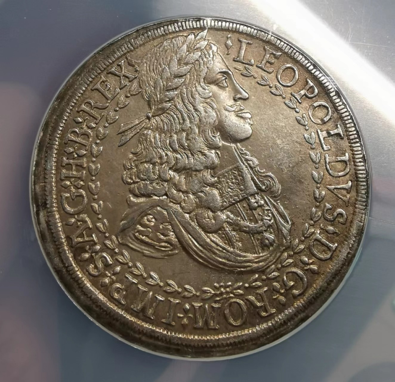 凡希社世界钱币微拍第二百零五期 荐！1680-86神罗蒂罗尔利奥波德一世2泰勒大银NGC-AU58 58克 大盒