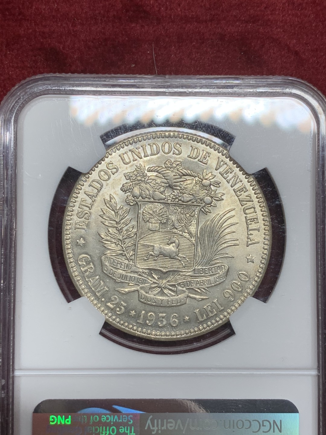 《竞宝斋》第75场-本周日，周一2场连拍（全场不限金额包邮） NGC-MS63 委内瑞拉 1936年 西蒙波立瓦 5B大银币 顶级品相 这品种平时多见XF品