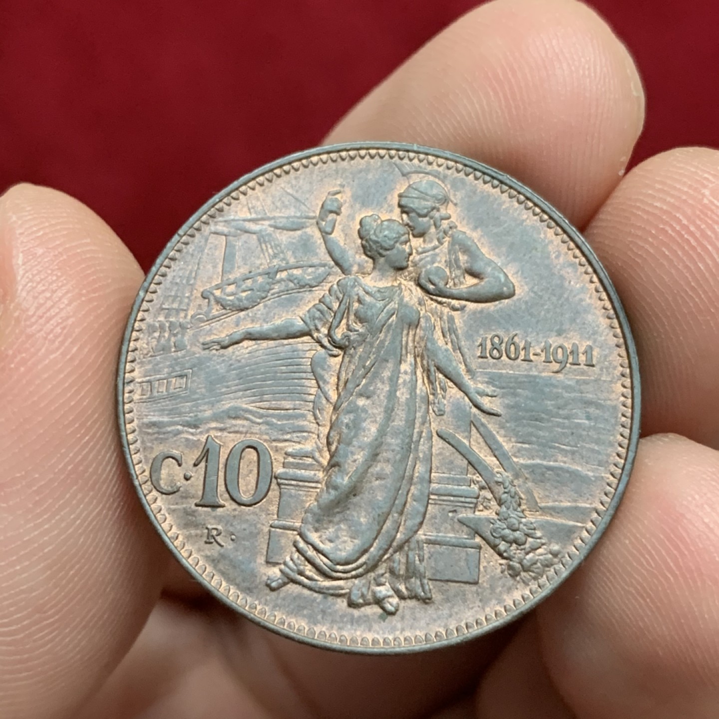 《竞宝斋》第75场-本周日，周一2场连拍（全场不限金额包邮） UNC 带光 意大利1911年 建国10分，意大利币艺术性巅峰之作