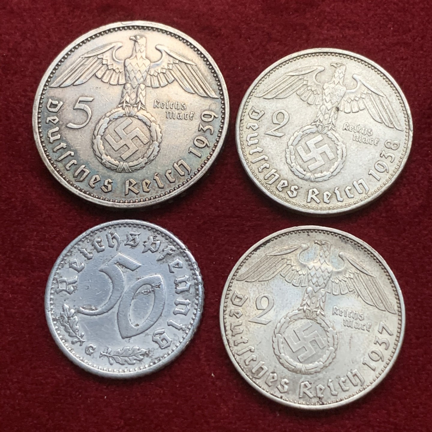 《竞宝斋》第75场-本周日，周一2场连拍（全场不限金额包邮） 德国 3银1铝四枚一组 原味2马克银币2枚，5马克银币1枚，50芬妮1一枚 状态见图