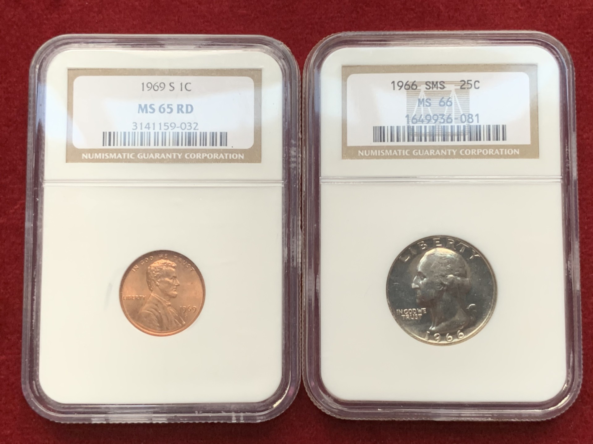 《竞宝斋》第75场-本周日，周一2场连拍（全场不限金额包邮） NGC高分老盒一对 MS65 漂亮国 1969S 1C + MS66 1966-SMS 25C 老盒严评高分难得！