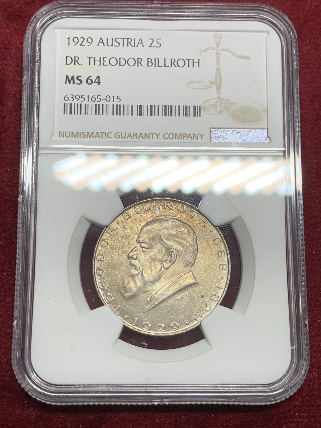 《竞宝斋》第75场-本周日，周一2场连拍（全场不限金额包邮） NGC MS-64 奥地利 1929年 比尔罗特诞辰100周年 2先令 银币 好品难得