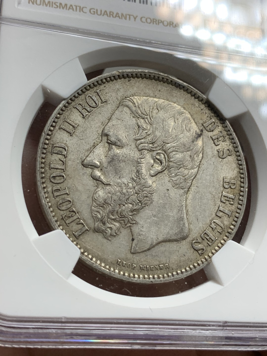 《竞宝斋》第75场-本周日，周一2场连拍（全场不限金额包邮） NGC-AU55 比利时1873年 利奥波德二世 5法郎 大银币 带底光好状态