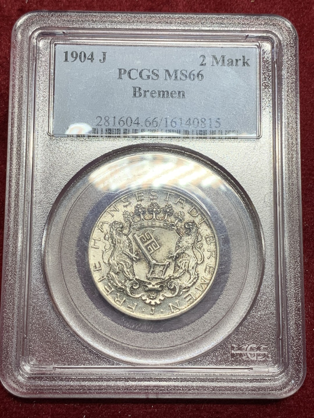 《竞宝斋》第75场-本周日，周一2场连拍（全场不限金额包邮） PCGS-MS66 不莱梅 1904J 2马克 收藏级精品马克自由市入门品种 不莱梅马克是热门 这枚状态极佳
