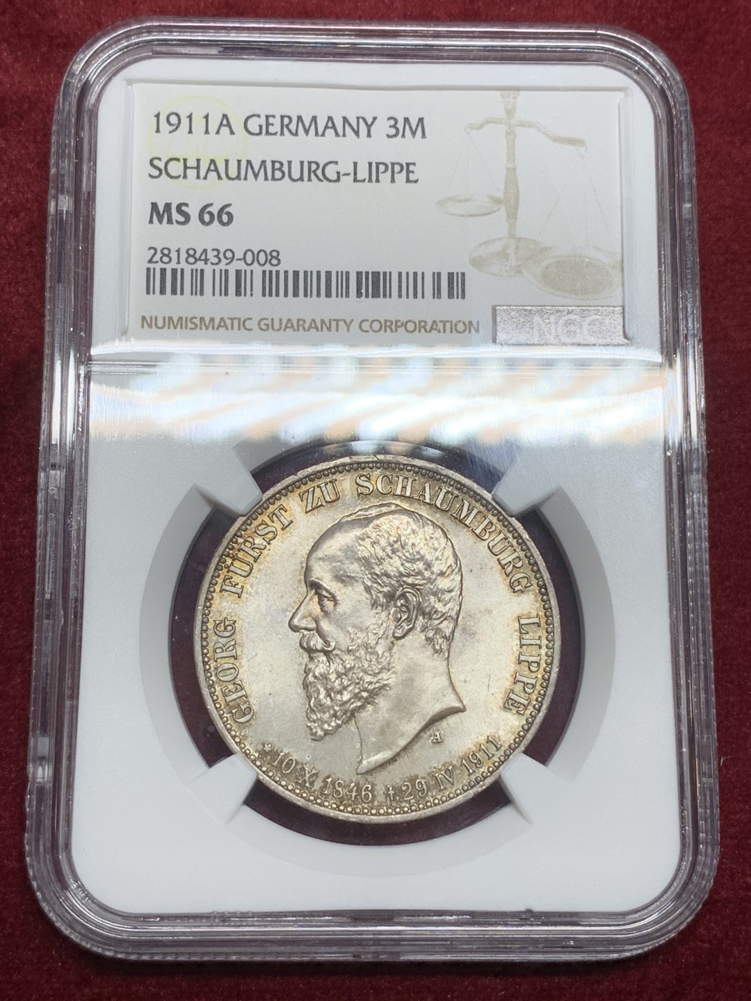 《竞宝斋》第75场-本周日，周一2场连拍（全场不限金额包邮） NGC MS66 德国 1911年 绍姆堡利普 三马克，顶级品相，丝滑原光