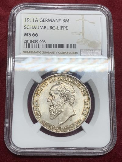 《竞宝斋》第75场-本周日，周一2场连拍（全场不限金额包邮） - NGC MS66 德国 1911年 绍姆堡利普 三马克，顶级品相，丝滑原光