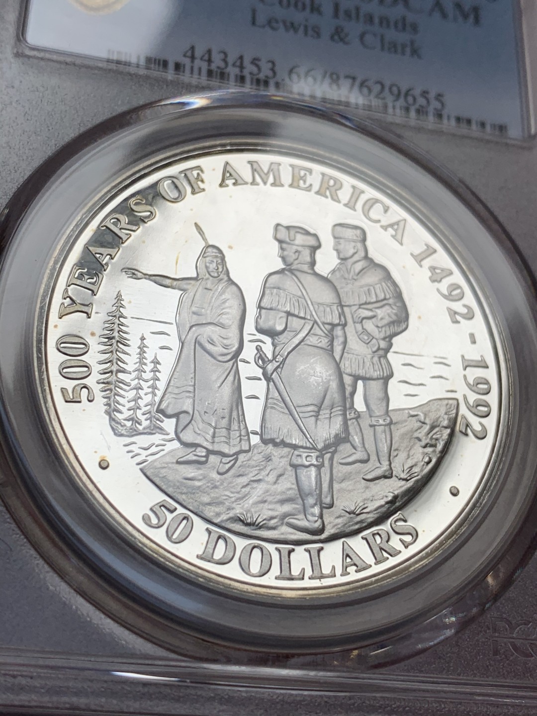 《竞宝斋》第75场-本周日，周一2场连拍（全场不限金额包邮） PCGS PR66DCAM 1992年库克群岛50美元 纪念漂亮国五百周年精制银币 背面伊丽莎白最美一版头像