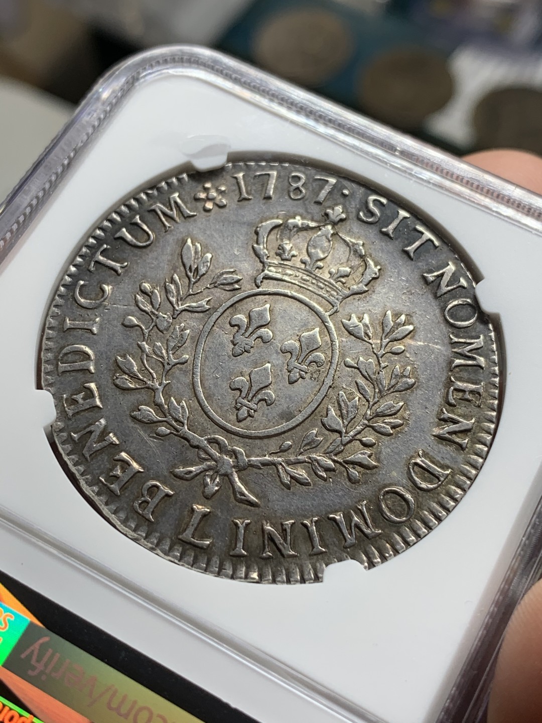 《竞宝斋》第75场-本周日，周一2场连拍（全场不限金额包邮）  NGC-AU 法国1787-L 路易十六 1ECU 大银币 稀少厂名 能上AU的非常难得 老包浆没给分很可惜