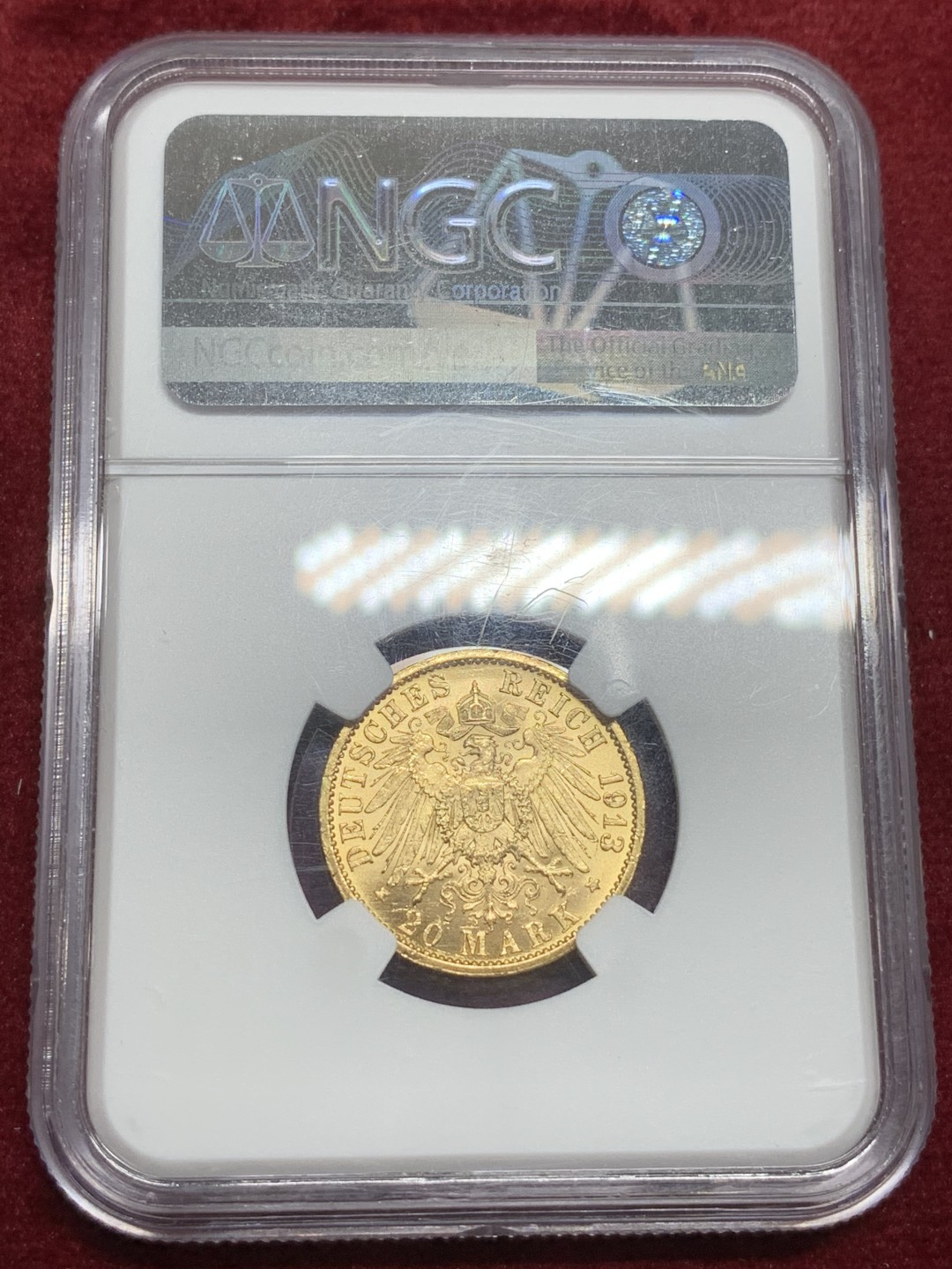 《竞宝斋》第75场-本周日，周一2场连拍（全场不限金额包邮） 亚军分 NGC-MS64 普鲁士 1913A 20马克 威廉二世军装金币 观感十分不错的一款金币