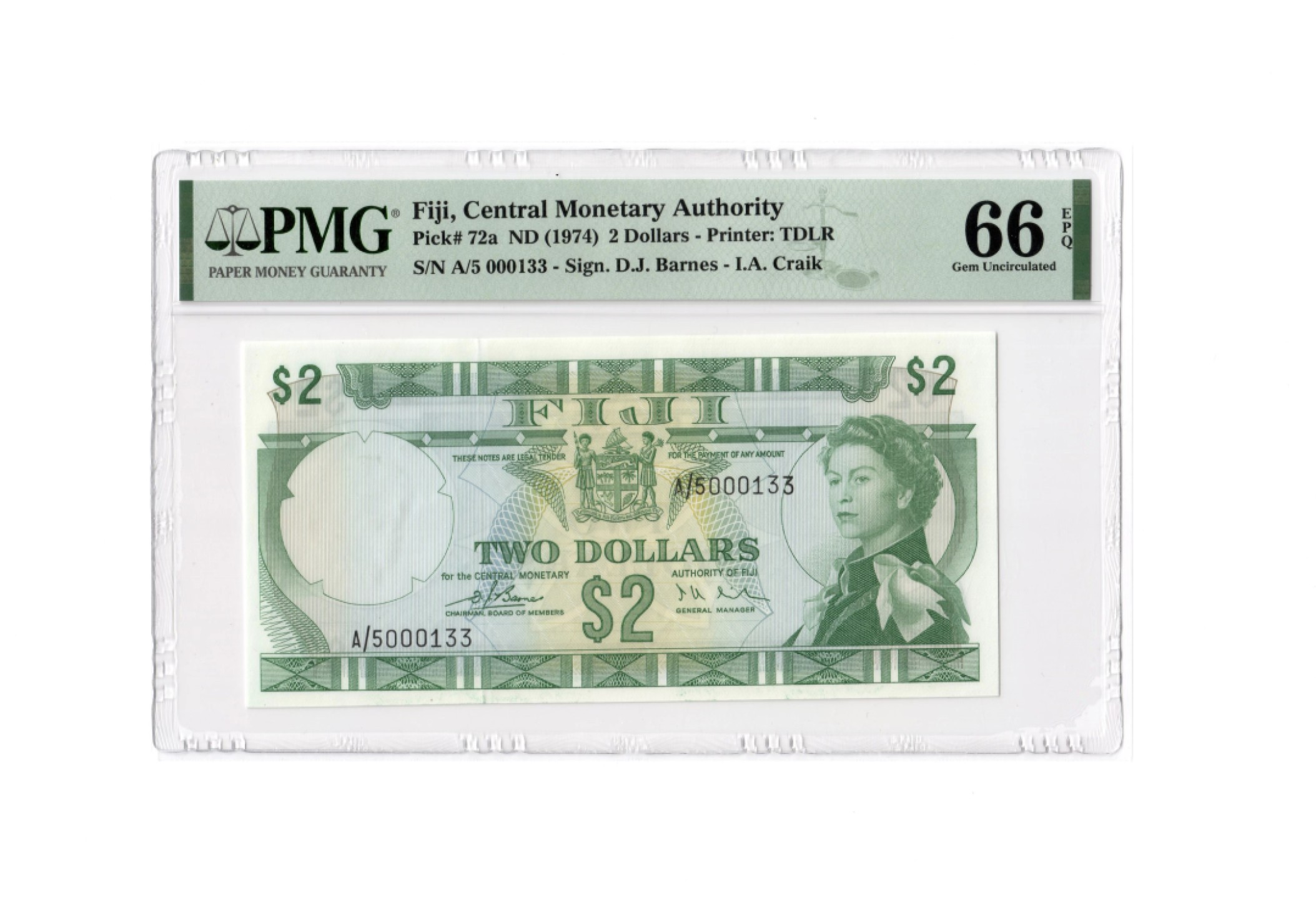 收藏联盟Quantum Auction 第176期拍卖 斐济1974年2元 PMG66 初版百位号 少见