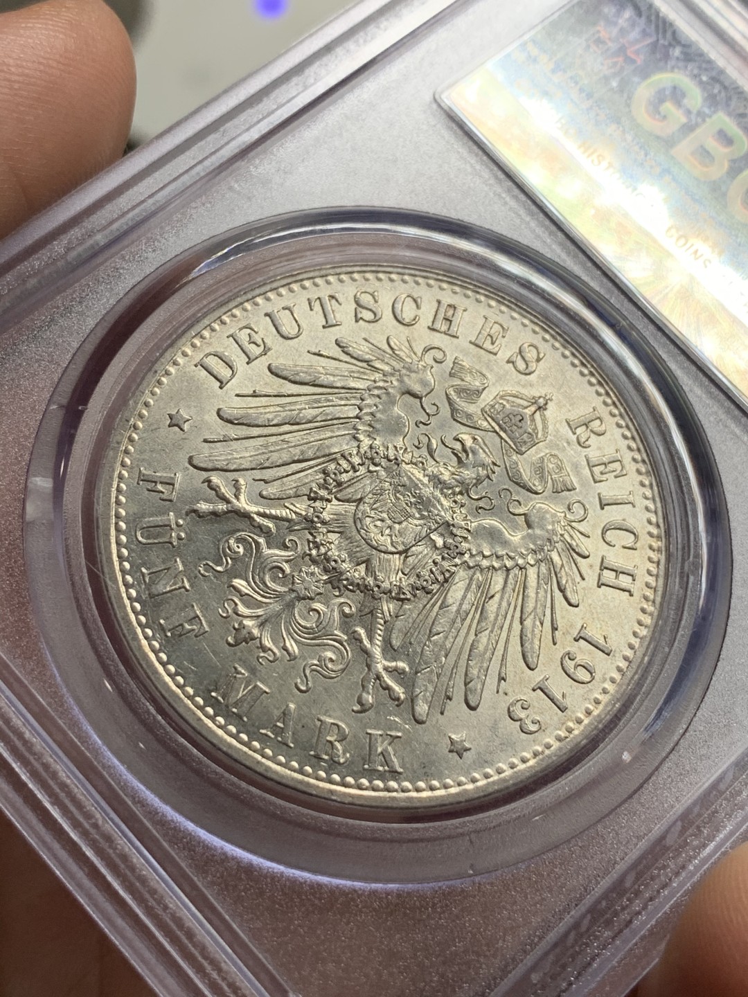 《竞宝斋》第75场-本周日，周一2场连拍（全场不限金额包邮） GBCA-MS63 德国 1913年 普鲁士戎装5马克银币 淡黄油包浆 有转光 德系基础品种