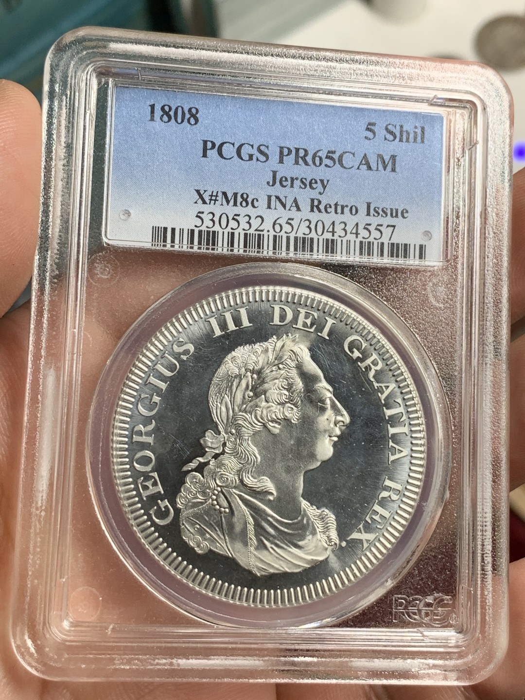 《竞宝斋》第75场-本周日，周一2场连拍（全场不限金额包邮） 英属泽西“1808”年乔治三世5先令 后铸版，PCGS-PR65CAM，季军分，上面只有2个67，一个66。
