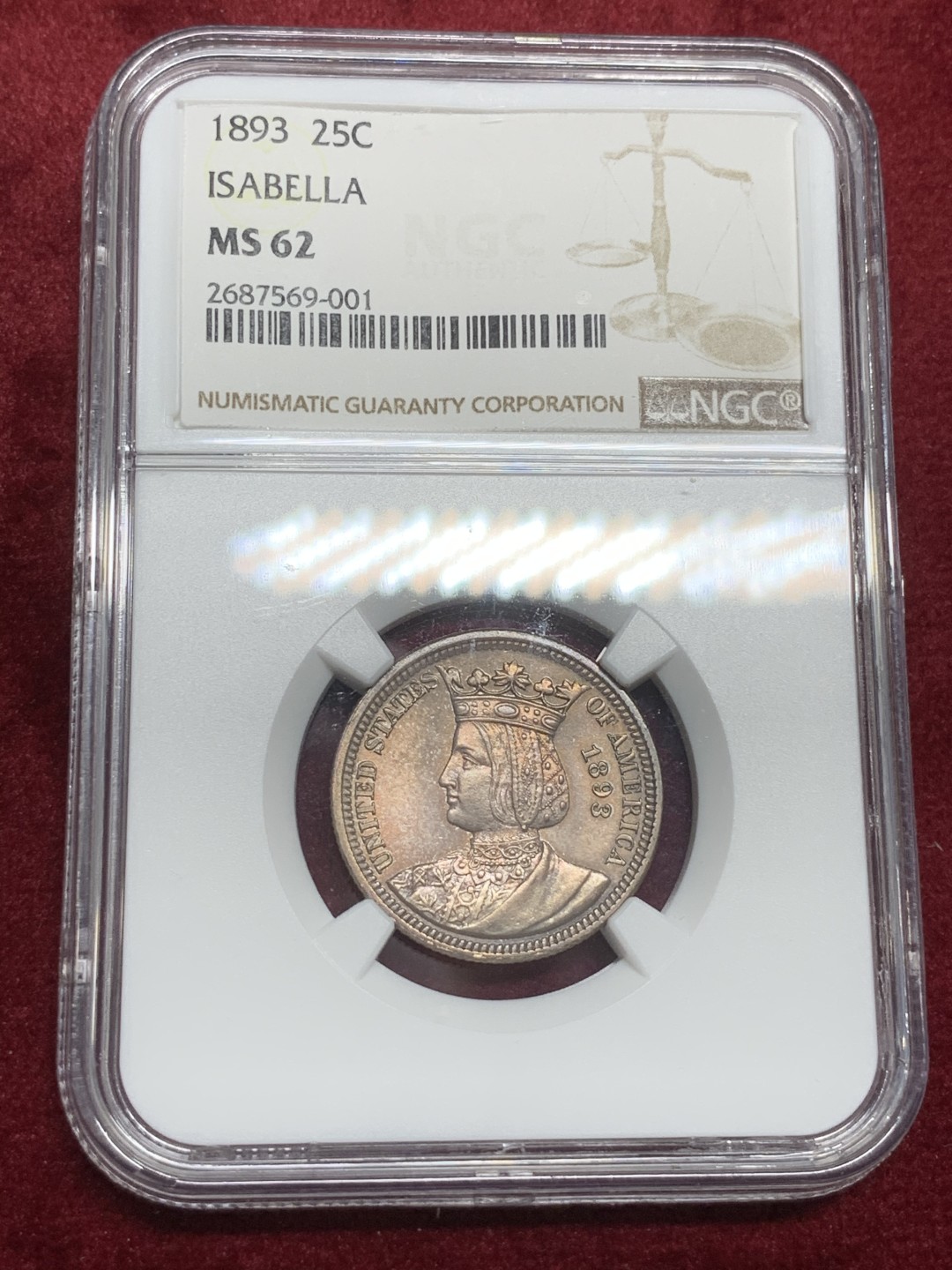 《竞宝斋》第75场-本周日，周一2场连拍（全场不限金额包邮） NGC MS62 原光五彩美国1893年伊莎贝拉25美分纪念银币