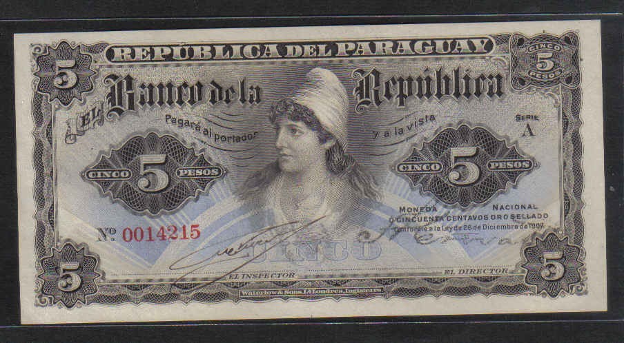 巴拉圭1907年5比索 A序列 克劳斯目录P-156 实物图 UNC    