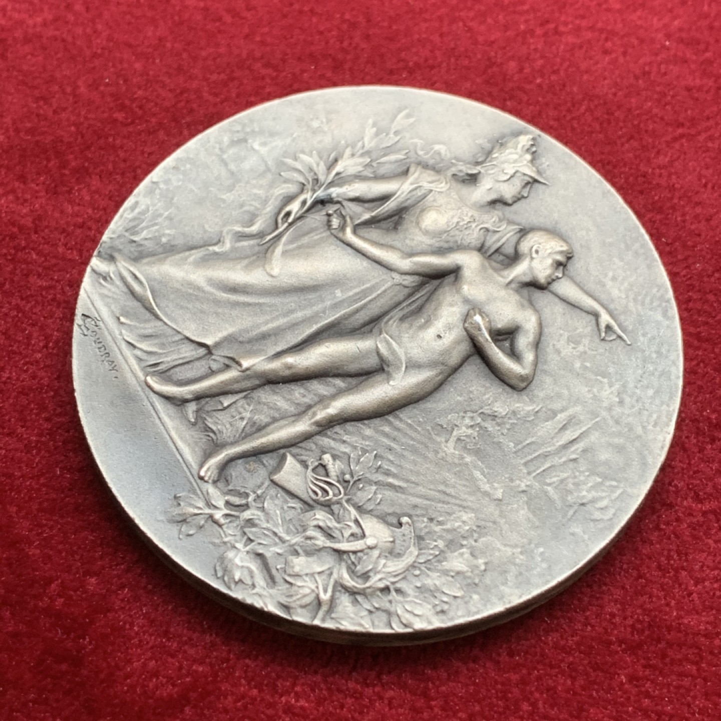 《竞宝斋》第75场-本周日，周一2场连拍（全场不限金额包邮） 原盒法国1900年前后镀银射击节大铜章UNC品相 50mm，65克，BRONZE铜标