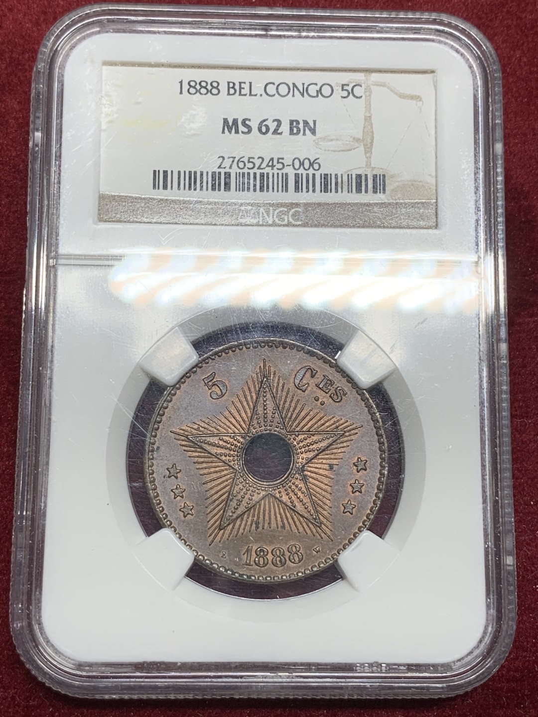 《竞宝斋》第75场-本周日，周一2场连拍（全场不限金额包邮） NGC-MS62 比属刚果 1888年 大五星 发财包浆发财年份 铜币